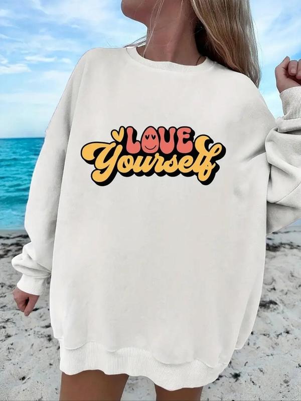 Women's Letter Print Drop Shoulder Sweatshirt, Casual Long Sleeve Round Neck Pullover for Fall & Winter, Women's Clothes...