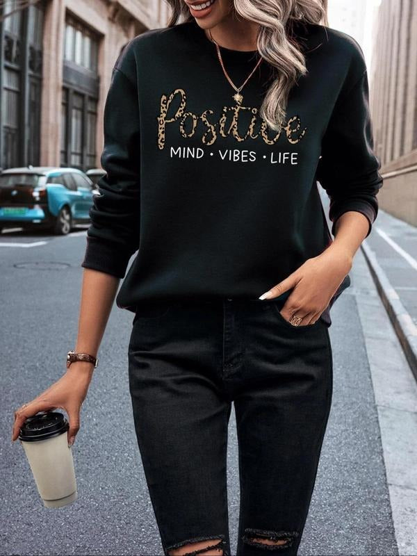 Women's Letter Print Drop Shoulder Sweatshirt, Casual Long Sleeve Round Neck Pullover for Fall & Winter, Women's Clothes...