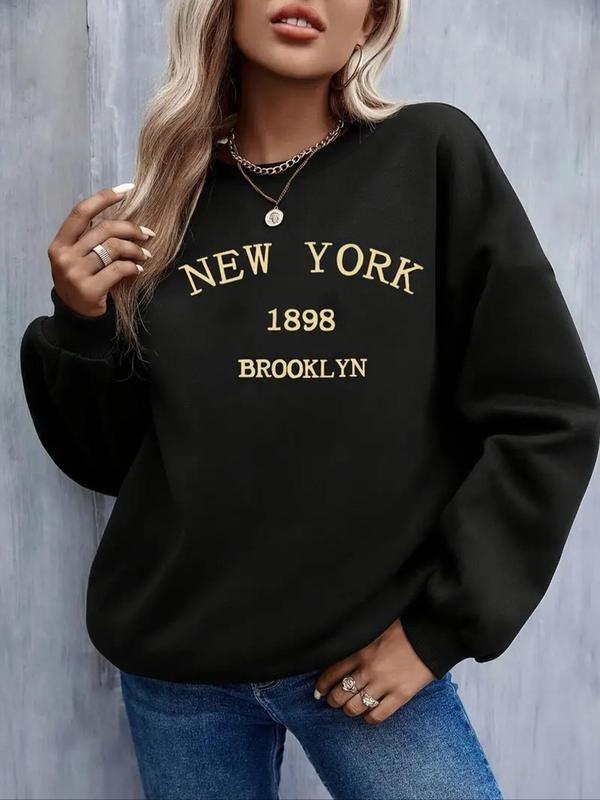 Women's Letter Print Drop Shoulder Sweatshirt, Casual Long Sleeve Round Neck Pullover for Fall & Winter, Women's Clothes...