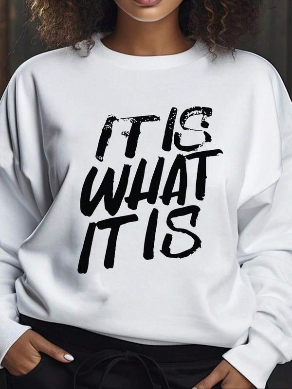 Women's Letter Print Drop Shoulder Sweatshirt, Casual Long Sleeve Round Neck Pullover for Fall & Winter, Women's Clothes...