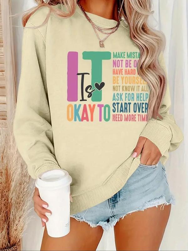 Women's Letter Print Drop Shoulder Sweatshirt, Casual Long Sleeve Round Neck Pullover for Fall & Winter, Women's Clothes...