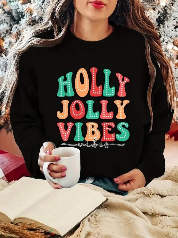 Women's Letter Print Drop Shoulder Sweatshirt, Casual Long Sleeve Thermal Lined Round Neck Pullover for Daily Wear,...