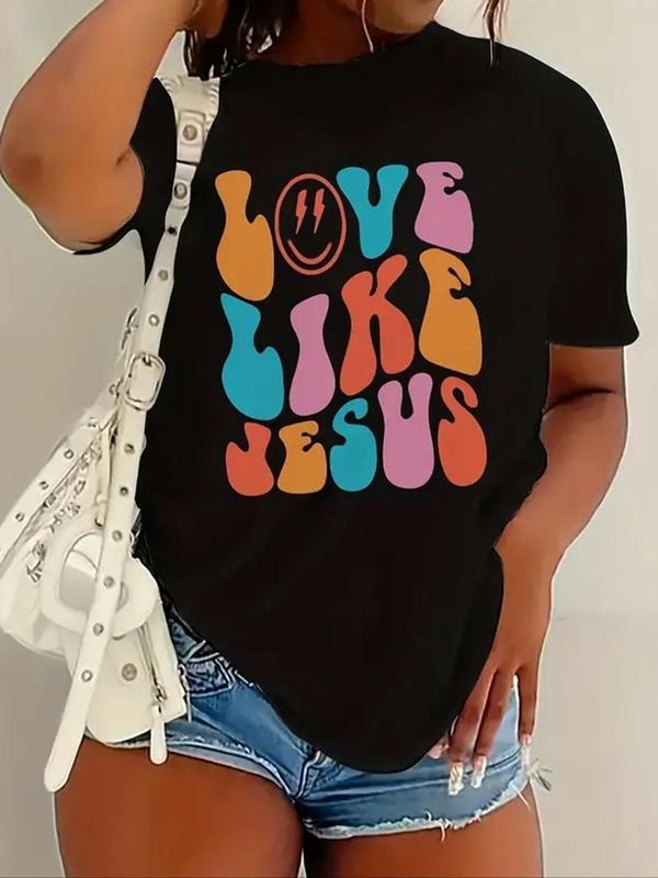 Women's Letter Print Drop Shoulder Tee, Casual Short Sleeve Round Neck T-Shirt for Summer, Women's Top for Daily Wear...