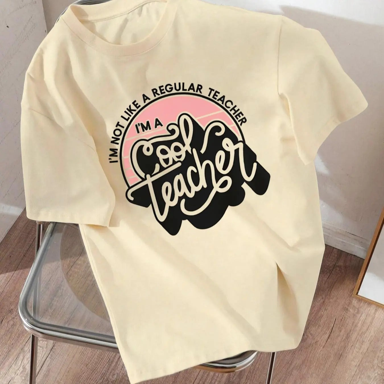 Women's Letter Print Drop Shoulder Tee, Oversized Casual Short Sleeve Round Neck T-shirt for Daily Wear, Women's Clothing...
