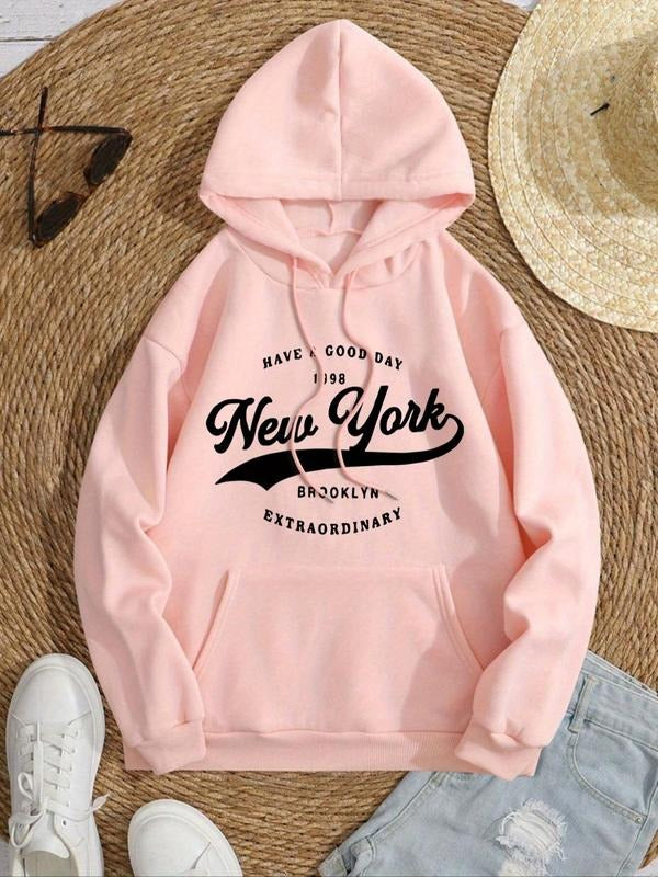 Women's Letter Print Drop Shoulder Thermal Lined Hoodie, Fashion Casual Drawstring Pocket Hooded Sweatshirt for Daily...