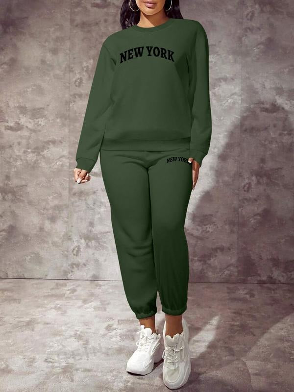 Women's Letter Print Long Sleeve Sweatshirt Set, Casual Fitted Two-Piece for Spring & Fall, Comfortable Home & Outdoor...