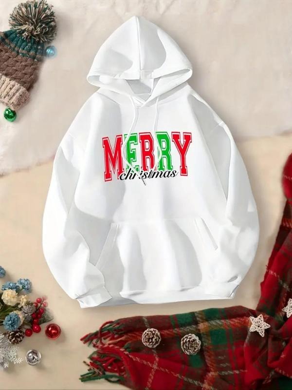 Women's Letter Print Merry Christmas Hoodie, Casual Long Sleeve Hooded Sweatshirt for Daily Holiday Outdoor Wear, Ladies...