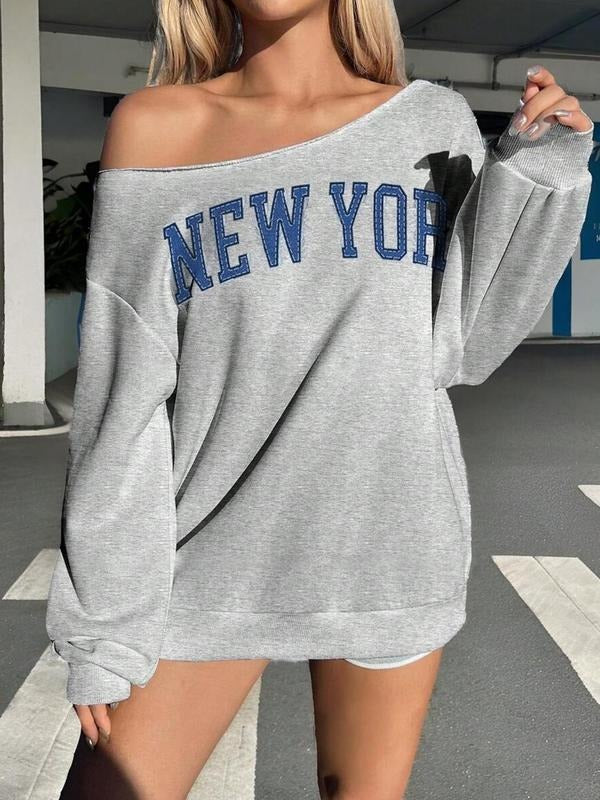 Women's Letter Print Off Shoulder Pullover Sweatshirt, Casual Long Sleeve Crew Neck Jumper for Fall, Fashion Women's...