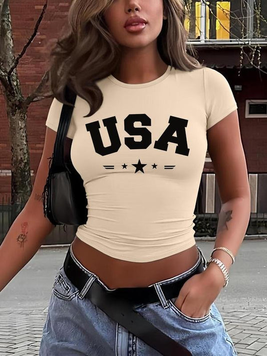 Women's Letter Print Round Neck Crop Tee, Casual Star & Striped Print Short Sleeve T-shirt for Daily Wear, Ladies Clothes for All Seasons, Top