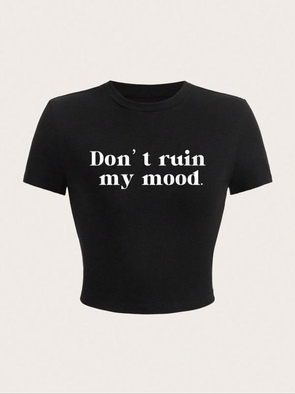 Women's Letter Print Round Neck Crop Tee, Casual Streetwear Short Sleeve T-Shirt for Summer, Ladies Clothes for Daily...