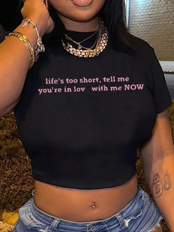 Women's Letter Print Round Neck Crop Tee, Fashion Casual Crew Neck Short Sleeve T-Shirt for Daily Holiday Vacation...
