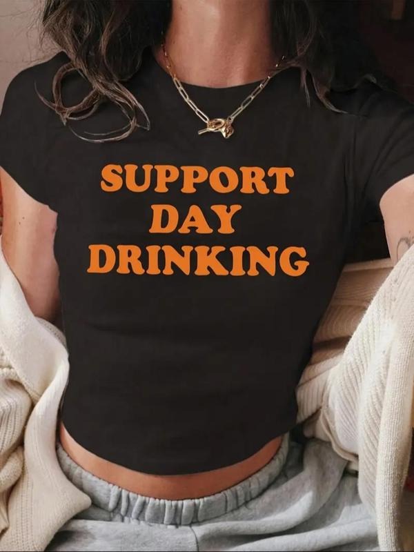 Women's Letter Print Round Neck Crop Tee, Fashion Casual Crew Neck Short Sleeve T-Shirt for Daily Holiday Vacation...