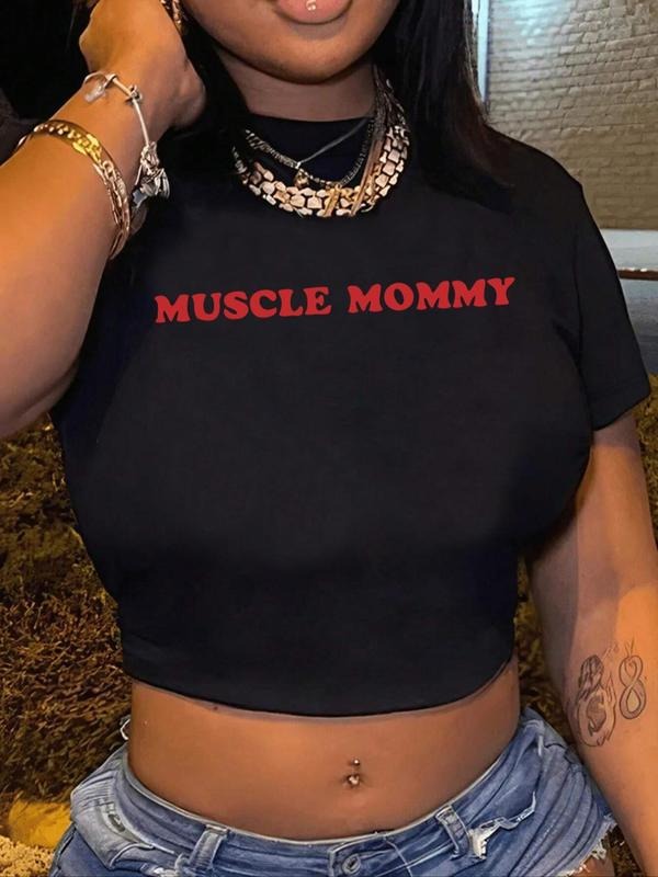 Women's Letter Print Round Neck Crop Tee, Fashion Casual Crew Neck Short Sleeve T-shirt for Daily Holiday Vacation...