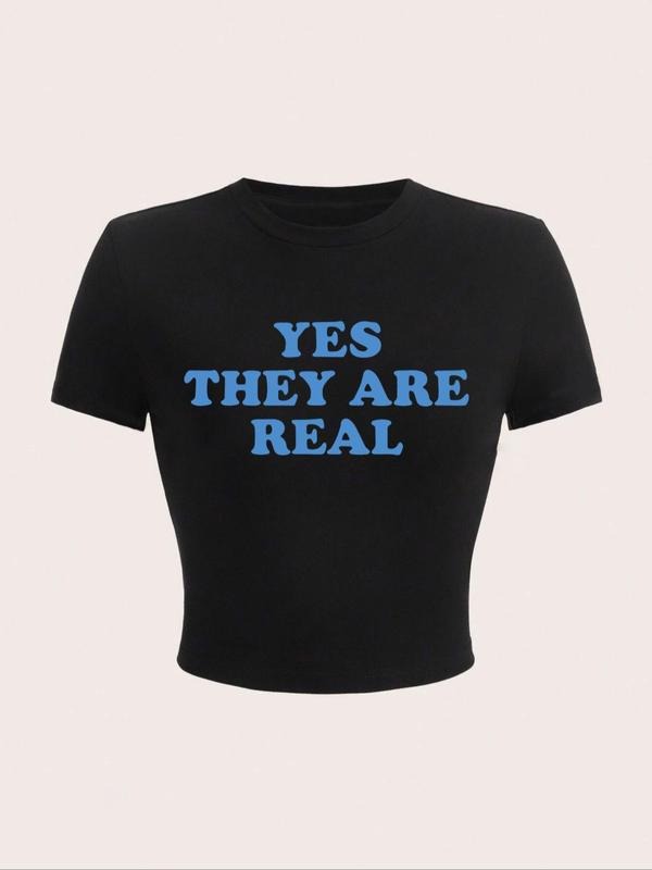 Women's Letter Print Round Neck Crop Tee, Fashion Casual Crew Neck Short Sleeve T-shirt for Daily Holiday Vacation...