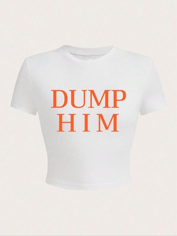 Women's Letter Print Round Neck Crop Tee, Fashion Casual Crew Neck T-shirt for Daily Holiday Vacation Outdoor Wear,...