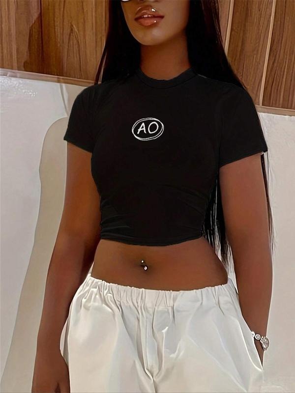 Women's Letter Print Round Neck Graphic Crop Tee, Vintage Trendy Casual Short Sleeve Skinny T-shirt For Daily Wear,...