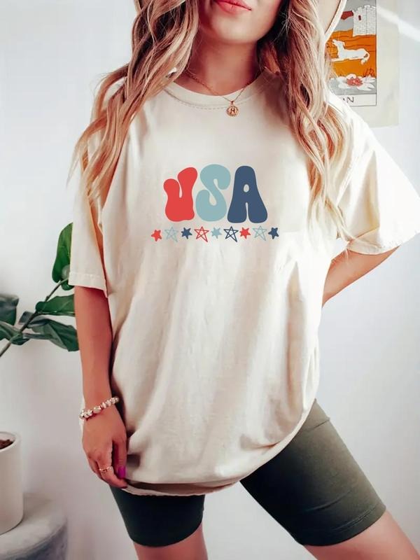 Women's Letter Print Round Neck Graphic Tee, Casual Star & Striped Print Short Sleeve T-Shirt for Daily Wear, Ladies...