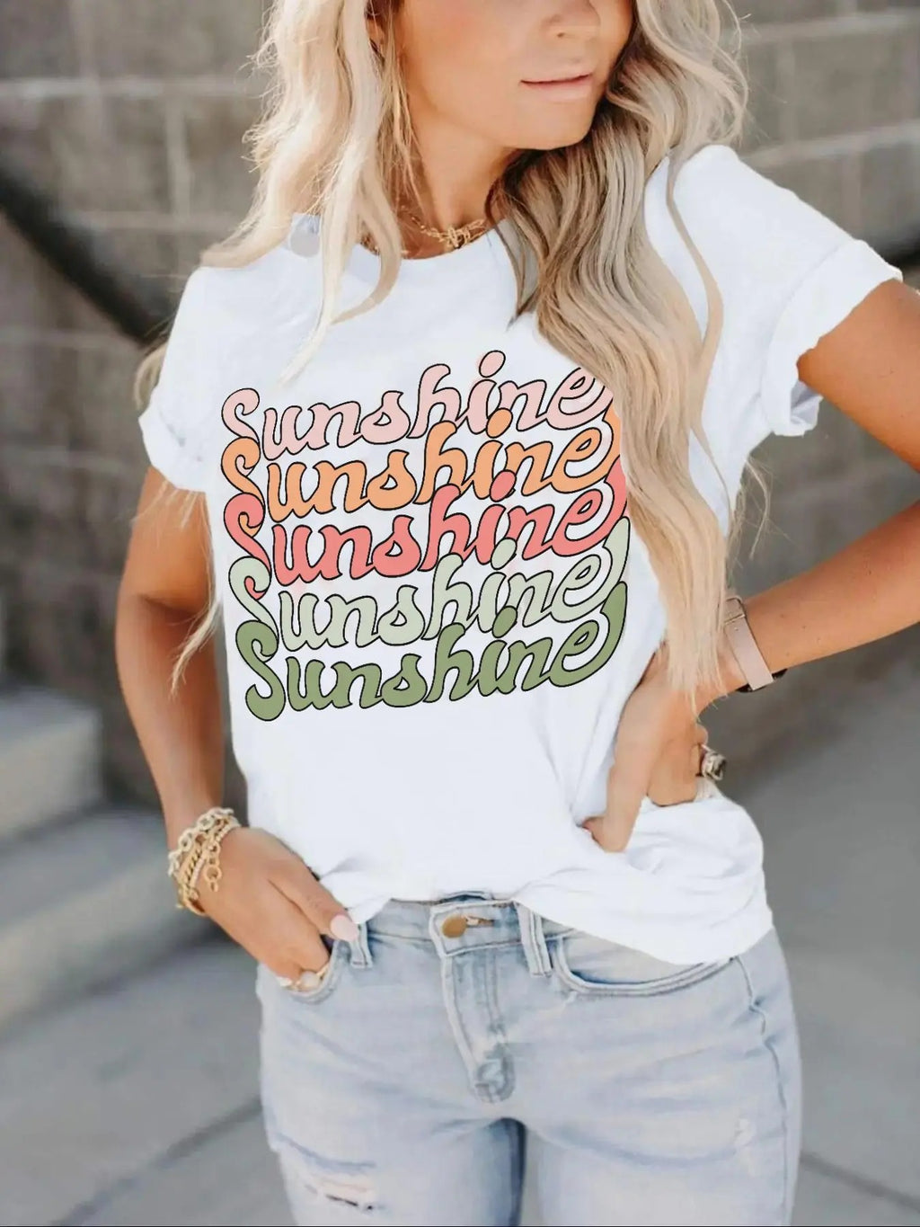 Women's Letter Print Round Neck Graphic Tee, Fashion Casual Fitted Short Sleeve T-Shirt for Daily Wear, Ladies Summer...