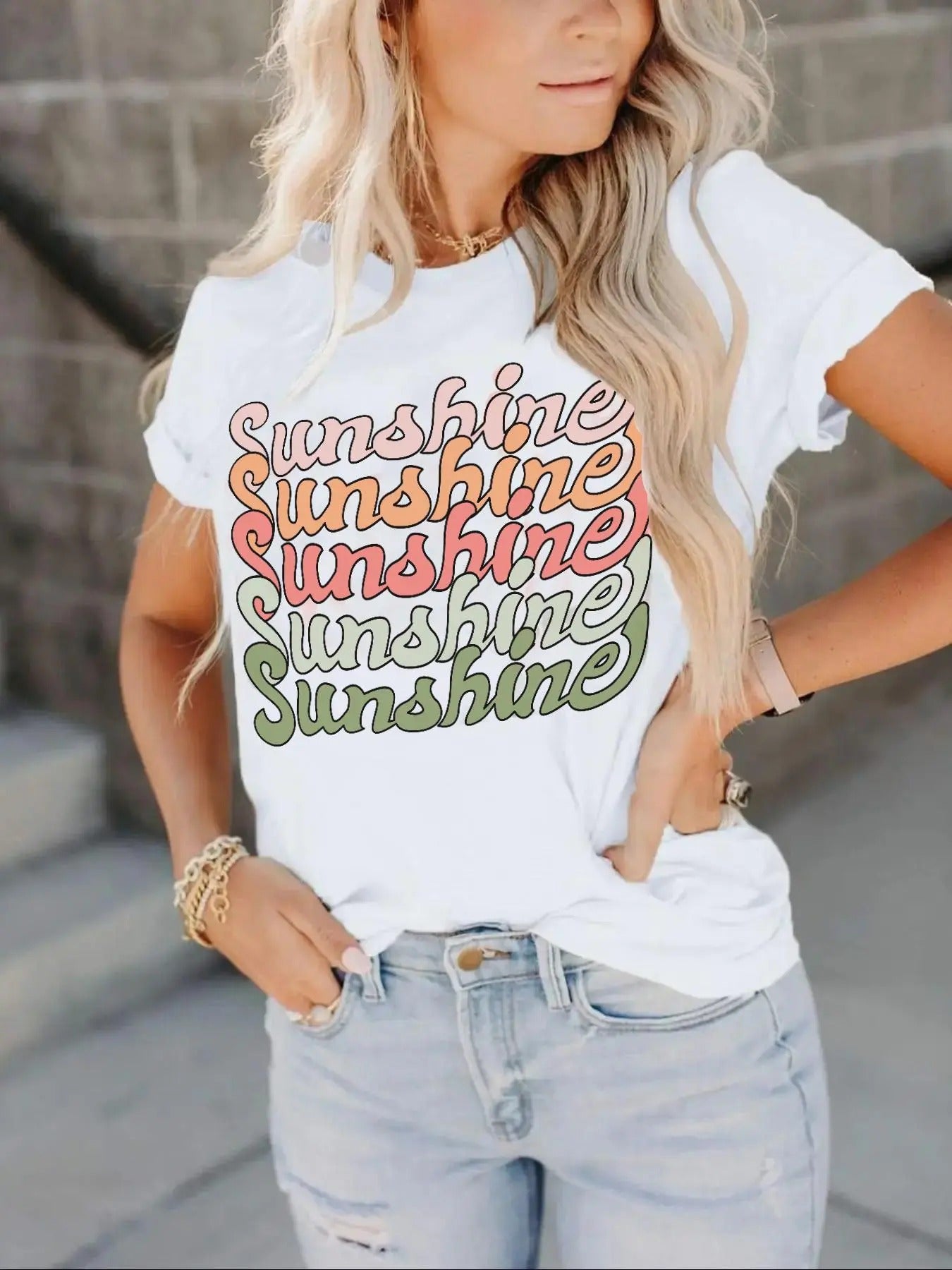 Women's Letter Print Round Neck Graphic Tee, Fashion Casual Fitted Short Sleeve T-Shirt for Daily Wear, Ladies Summer...