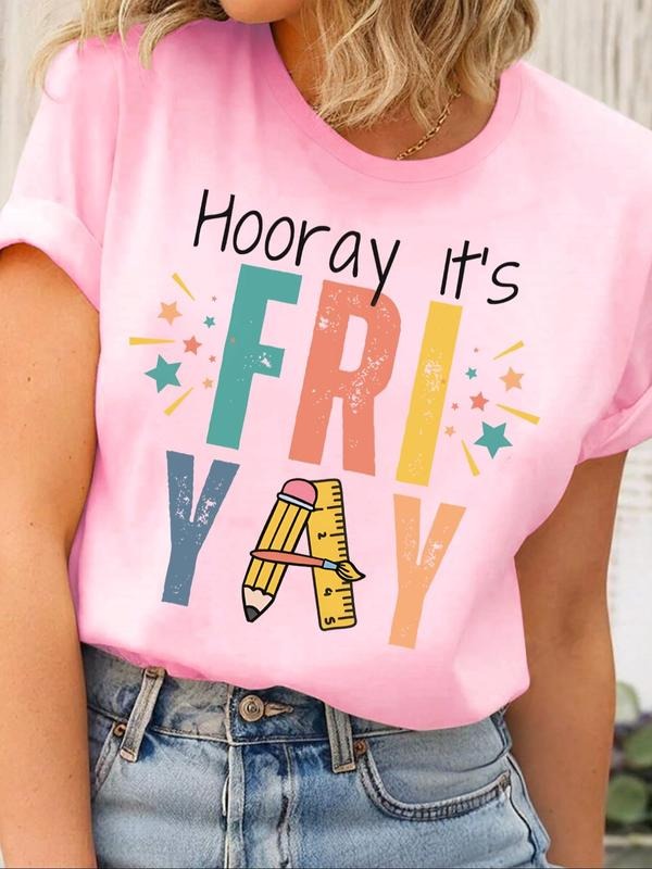 Women's Letter Print Round Neck Graphic Tee, Trendy Casual Short Sleeve T-shirt for Daily Wear, Ladies All Seasons Tops...