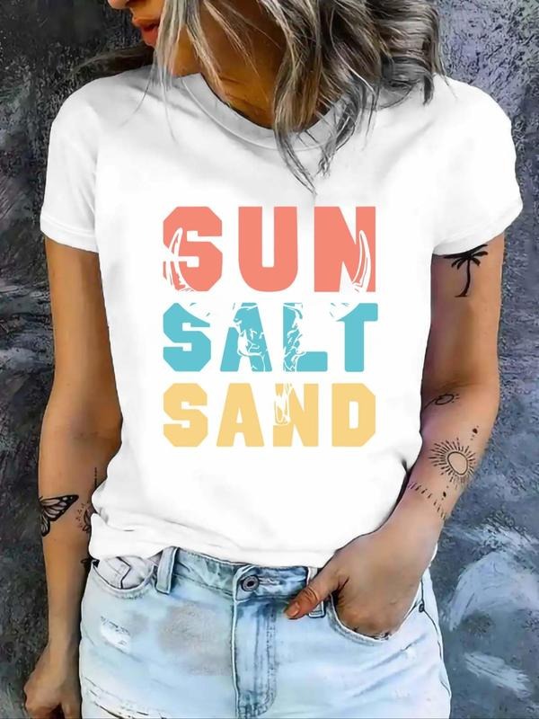 Women's Letter Print Round Neck Graphic Tee, Trendy Short Sleeve T-shirt For Daily Wear, Ladies Summer Outfit Hoodie,...