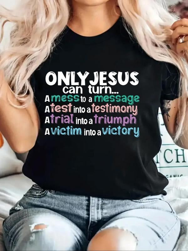Women's Letter Print Round Neck Graphic Tee, Vintage Trendy Casual Short Sleeve T-shirt For Daily Wear, Ladies Summer...