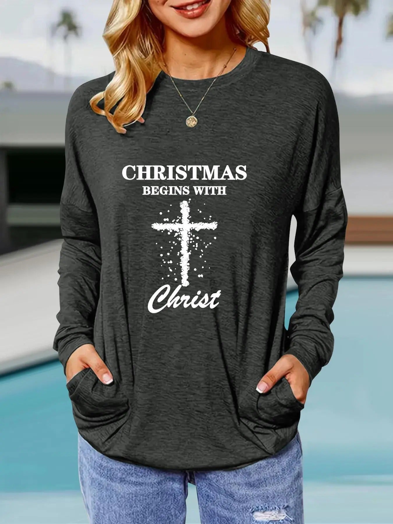 Women's Letter Print Round Neck Pocket Tee, Casual Long Sleeve Crew Neck T-shirt for Fall & Winter, Women's Top for Daily...