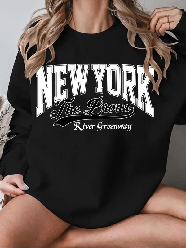 Women's Letter Print Round Neck Pullover, Casual Long Sleeve Crew Neck Sweatshirt for Fall & Winter, Women's Clothes for...