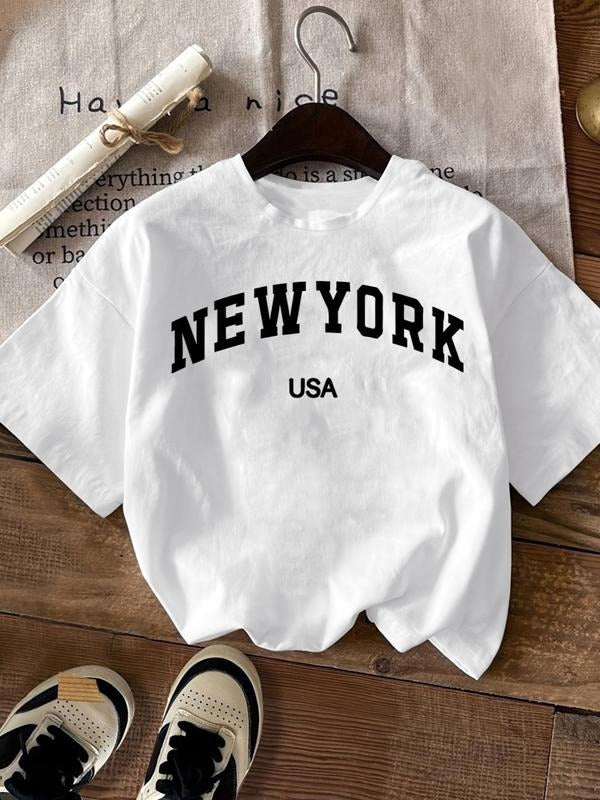 Women's Letter Print Round Neck Short Tee, Casual Short Sleeve Crew Neck T-shirt for Summer, Fashion Women's Top for...