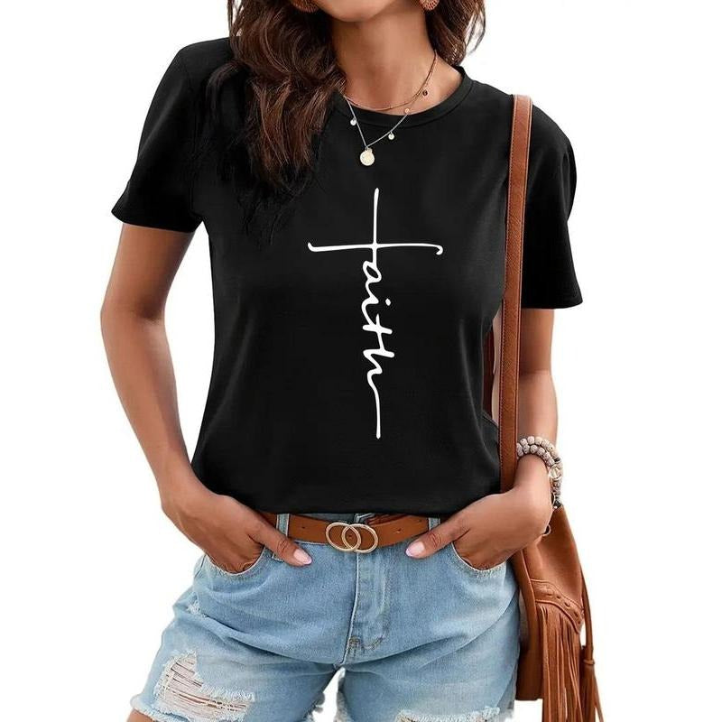 Women's Letter Print Round Neck Streetwear Tee, Casual Lady Crewneck Short Sleeve Fitted T-shirt for Daily Wear, Comfort...
