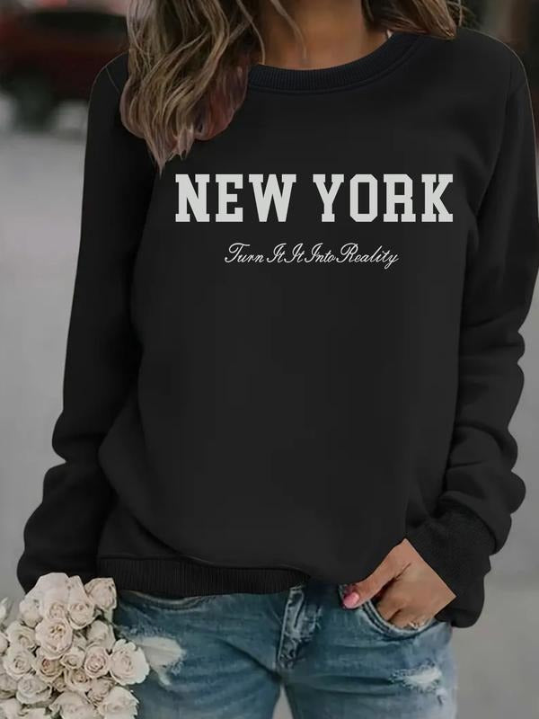 Women's Letter Print Round Neck Sweatshirt, Casual Fitted Pullover, All-Season Comfort, Durable Fabric, Daily Wear...