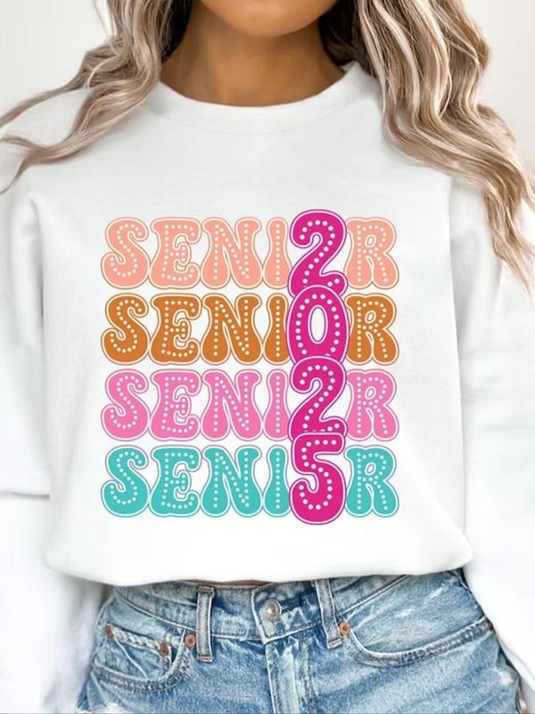 Women's Letter Print Round Neck Sweatshirt, Casual Long Sleeve Crew Neck Pullover for Fall & Winter, Women's Clothes for...