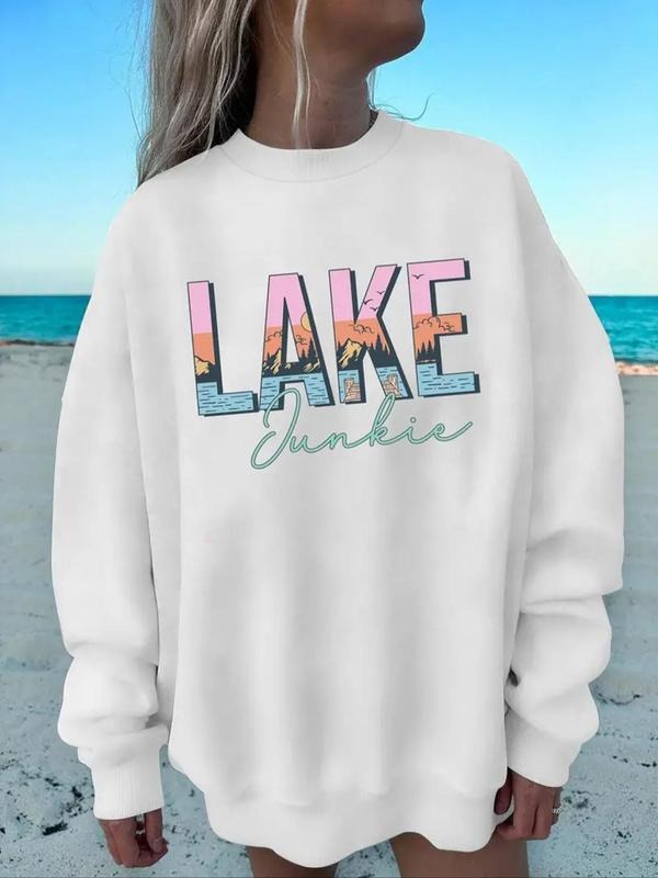 Women's Letter Print Round Neck Sweatshirt, Casual Long Sleeve Crew Neck Pullover for Fall & Winter, Women's Clothes for...