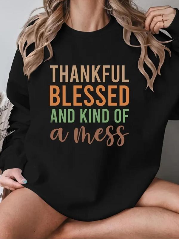 Women's Letter Print Round Neck Sweatshirt, Casual Long Sleeve Crew Neck Pullover for Fall & Winter, Women's Clothes for...