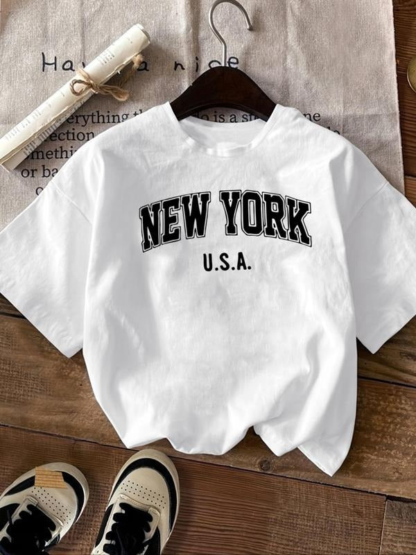 Women's Letter Print Round Neck Tee, Casual Drop Shoulder Short Sleeve T-Shirt for Summer, Ladies Clothes for Daily Wear...