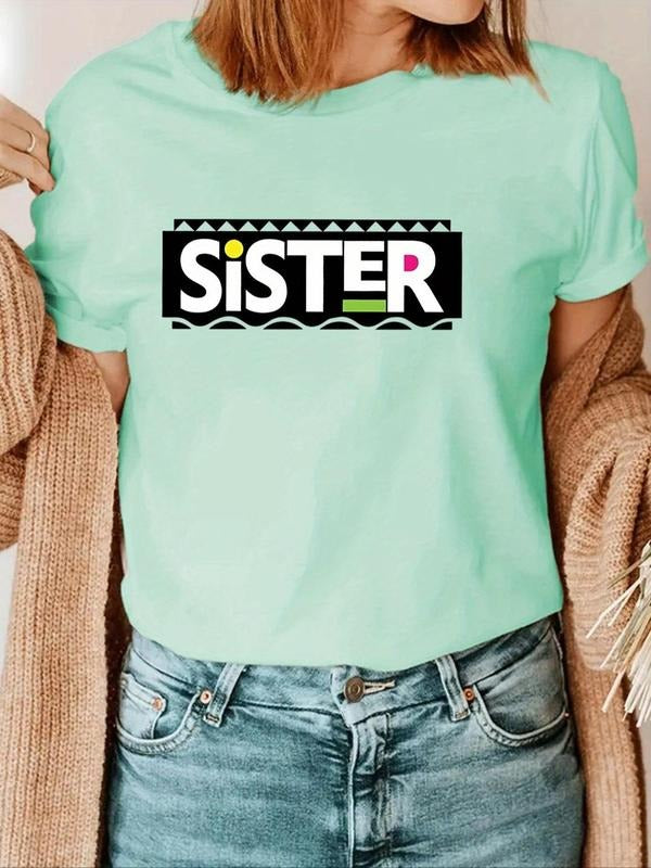 Women's Letter Print Round Neck Tee, Casual Geometric Print Short Sleeve T-shirt, Ladies Summer Outfit Hoodie, Sweatshirt