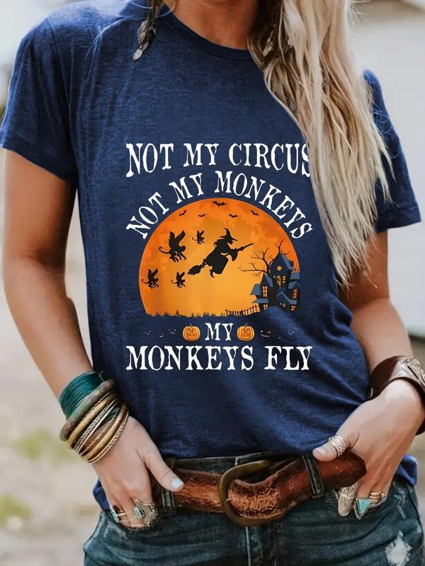 Women's Letter Print Round Neck Tee, Casual Halloween Graphic Short Sleeve T-Shirt for Summer, Women's Top for Daily Wear...