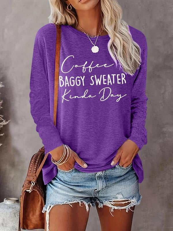 Women's Letter Print Round Neck Tee, Casual Long Sleeve Crew Neck T-Shirt for Fall & Winter, Women's Top for Daily...