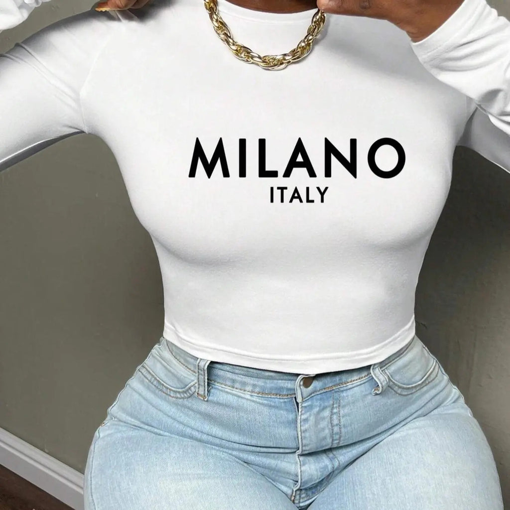 Women's Letter Print Round Neck Tee, Casual Long Sleeve Crew Neck T-shirt for Daily Wear, Ladies Clothes for All Seasons...