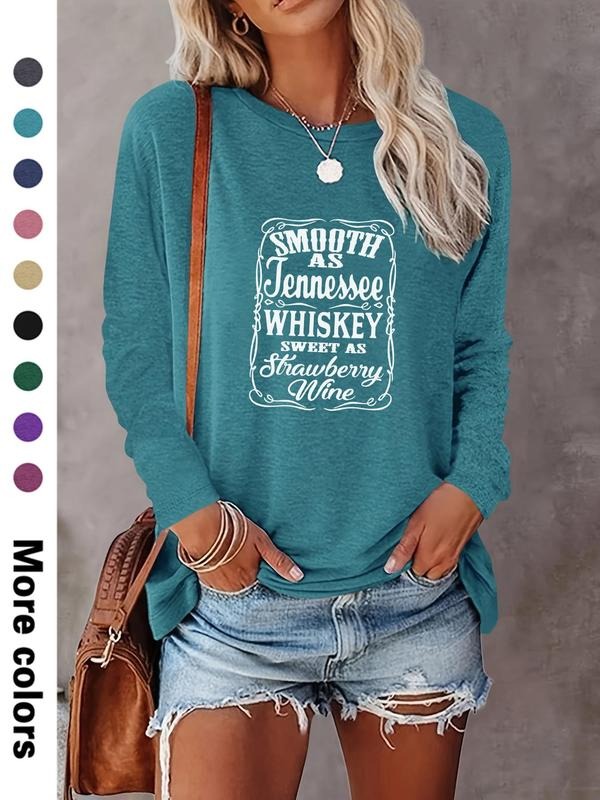 Women's Letter Print Round Neck Tee, Casual Long Sleeve Crew Neck T-shirt for Daily Wear, Ladies Clothes for All Seasons,...