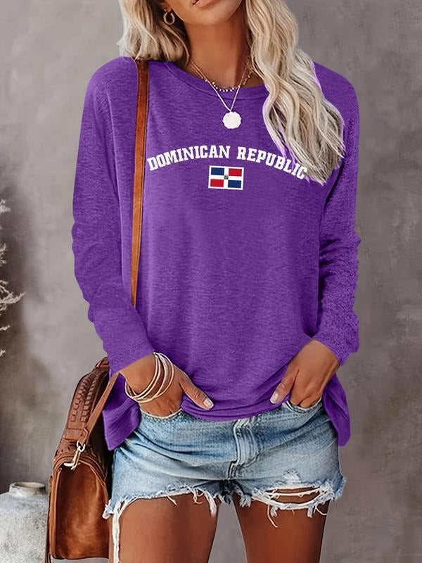 Women's Letter Print Round Neck Tee, Casual Long Sleeve Crew Neck T-shirt for Fall & Winter, Women's Top for Daily...