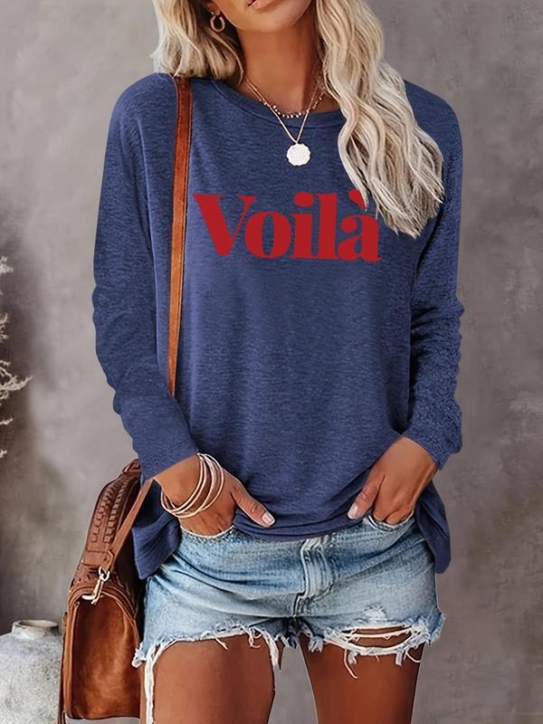 Women's Letter Print Round Neck Tee, Casual Long Sleeve Crew Neck T-shirt for Fall & Winter, Women's Top for Daily...