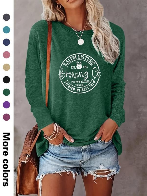 Women's Letter Print Round Neck Tee, Casual Long Sleeve Crew Neck T-shirt for Spring & Fall, Fashion Women's Top for...