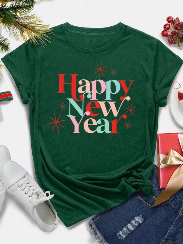 Women's Letter Print Round Neck Tee, Casual Short Sleeve Crew Neck T-Shirt for Holiday Vacation Daily Wear, Ladies...