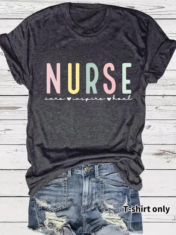 Women's Letter Print Round Neck Tee, Casual Short Sleeve Crew Neck T-Shirt for Spring, Fashion Women's Top for Daily Wear...