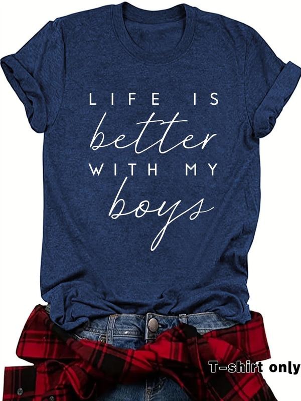 Women's Letter Print Round Neck Tee, Casual Short Sleeve Crew Neck T-Shirt for Spring, Fashion Women's Top for Daily Wear...