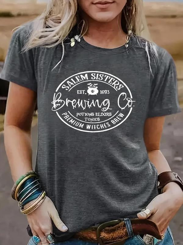 Women's Letter Print Round Neck Tee, Casual Short Sleeve Crew Neck T-Shirt for Spring, Fashion Women's Top for Daily...