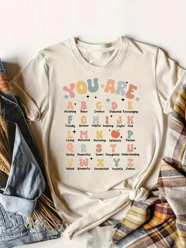 Women's Letter Print Round Neck Tee, Casual Short Sleeve Crew Neck T-Shirt for Summer, Fashion Women's Top for Daily Wear...
