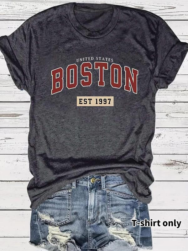 Women's Letter Print Round Neck Tee, Casual Short Sleeve Crew Neck T-Shirt for Summer, Fashion Women's Top for Daily Wear...