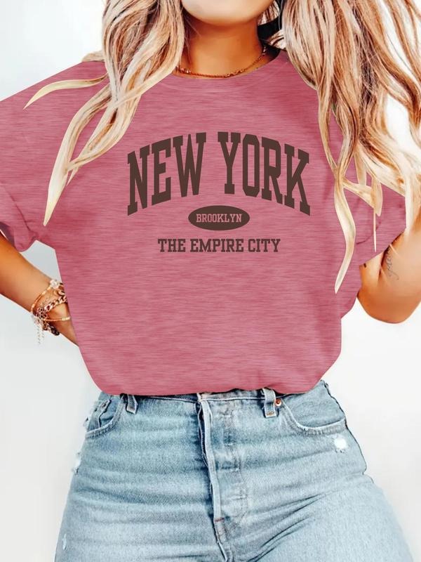 Women's Letter Print Round Neck Tee, Casual Short Sleeve Crew Neck T-Shirt for Summer, Fashion Women's Top for Daily Wear...